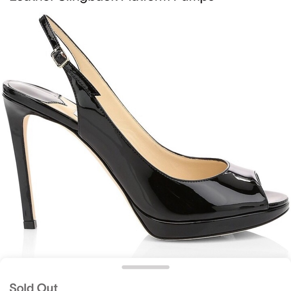 Jimmy Choo sling back peep toe, black patent leather heels.